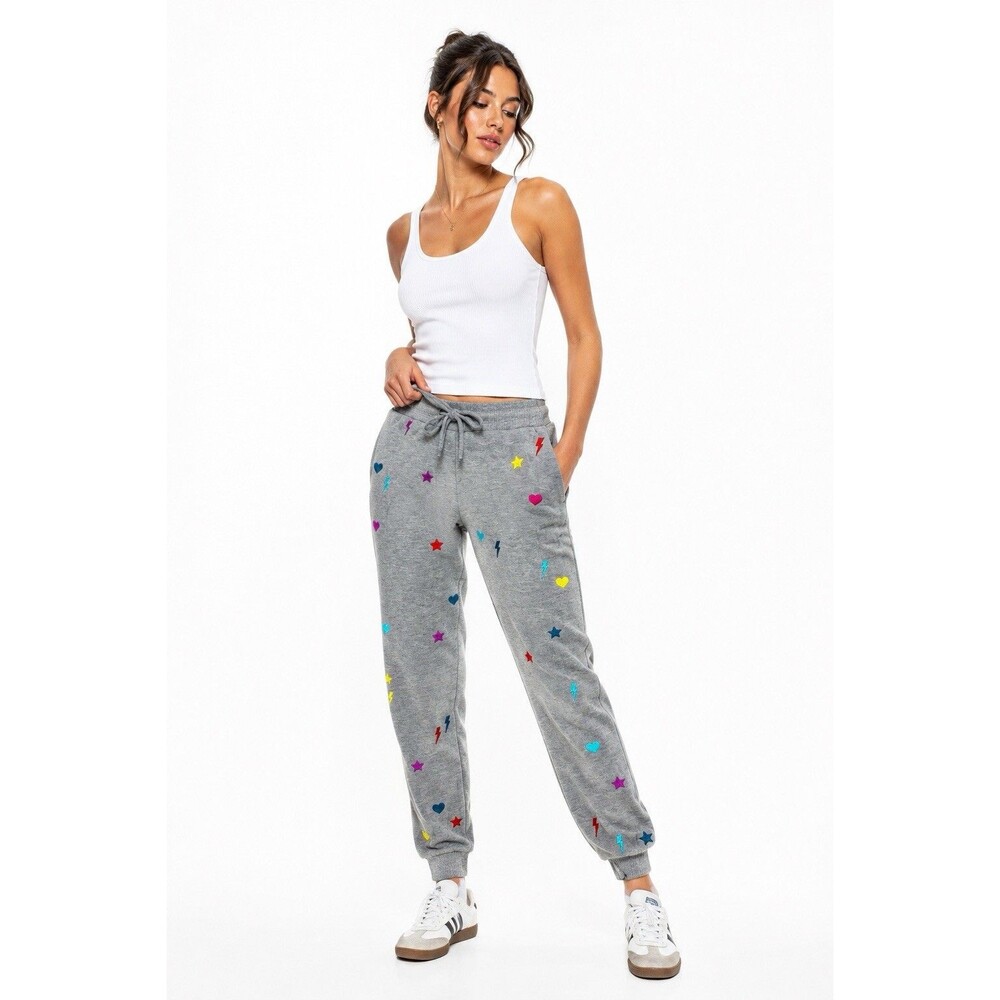 Chaser Cozy Knit Embroidered Joggers Heather Gray Hearts Stars Lightning NWT S